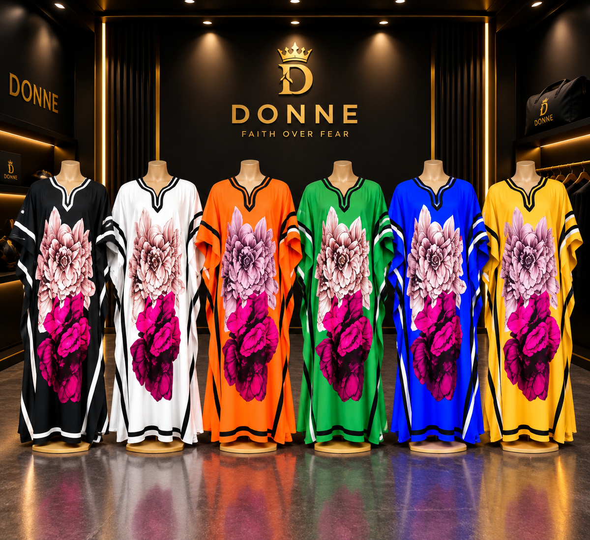 Donne floral print V-neck kaftan maxi dresses in black, white, orange, green, blue, and yellow on display mannequins.